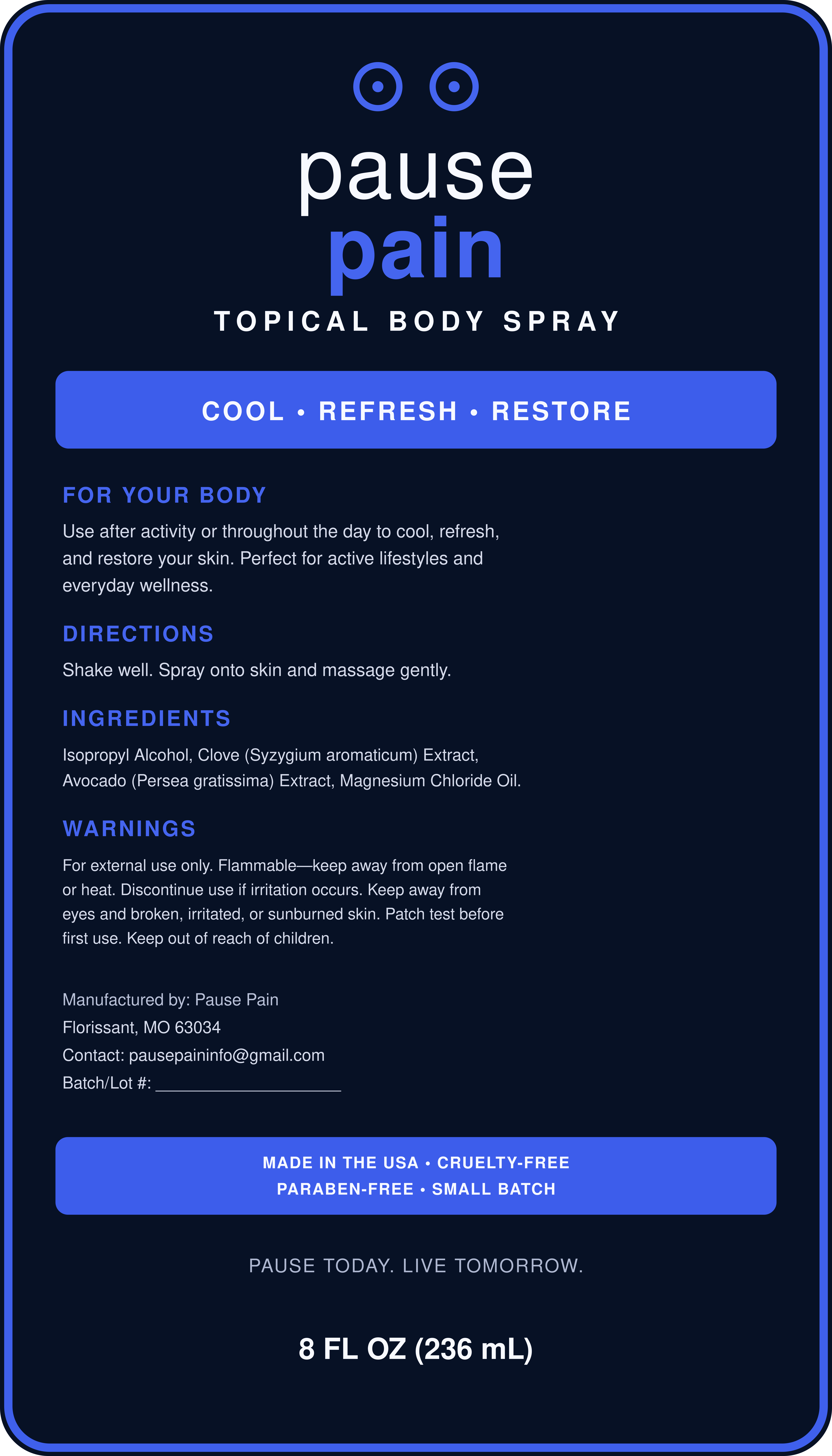 Pause Pain topical body spray label